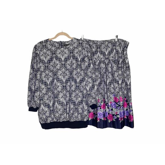 Jenny‎ VINTAGE BLOUSE & SKIRT SET SUIT FLORAL SCROLL PRINT NAVY WHITE - Picture 1 of 9